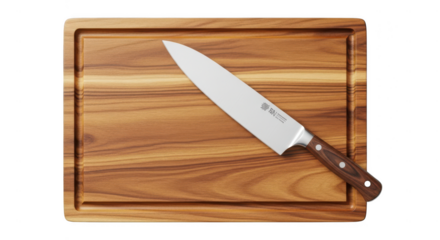 Chef s knife on a wooden cutting board isolated on transparent background