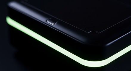 Close-up of a smartphone with a glowing green LED light strip on the side edge, sleek black body design, high contrast dark background, modern technology device, minimalistic style