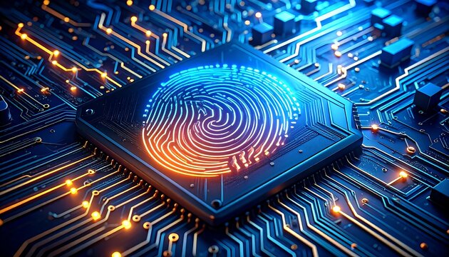 Digital fingerprint on a computer chip, data security concept.