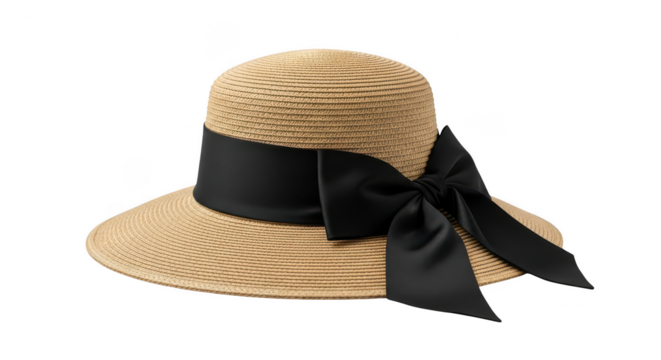 Straw sun hat with black ribbon isolated on transparent background