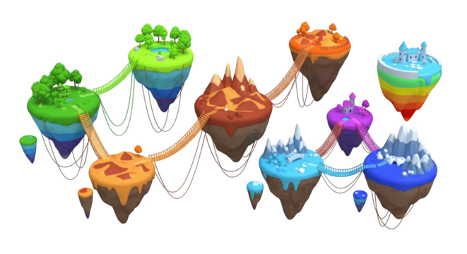 Floating fantasy islands connected by bridges, fantasy world adventure concept