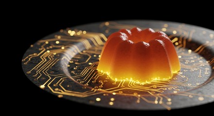 digital coin with a red gelatin jelly dessert shaped like a canel? on a Cryptocurrency circuit board background glowing golden lights and intricate electronic pattern design