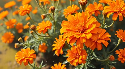 Vibrant orange marigolds bloom in lush garden, capturing nature's radiant beauty and delicate dew drops