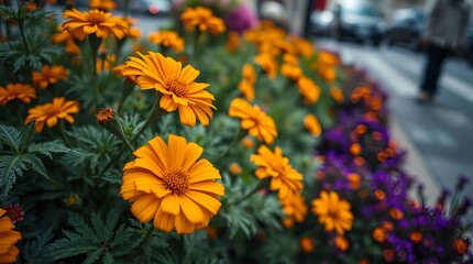 Vibrant orange daisies bloom beautifully amidst lush green foliage with a hint of purple flowers in a bustling urban street scene