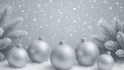 Fototapeta premium Sparkling silver Christmas ornaments displayed.