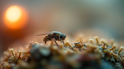 Intricate macro view of a hoverfly on textured ground with soft golden sunset light creating an ethereal glow