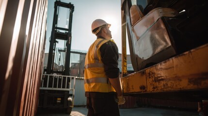 Obraz premium Worker in helmet and reflective vest stands beside forklift, surrounded by shipping containers in industrial setting, with sunlight creating warm atmosphere