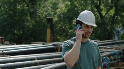 Construction worker wearing hard hat talks on phone while standing near large pipes, possibly related to carbon sequestration. outdoor setting is surrounded by trees