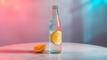 Refreshing citrus water in a clear bottle with lemon slice and orange wedge, vibrant lighting, modern drink concept