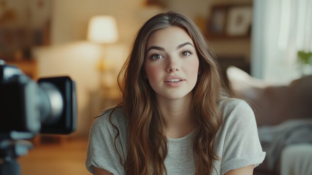 A woman is looking at the camera. A woman wearing a vlogger's makeup and smiling. Influencers and influencers are the most influential in social media technology. A woman is facing the lifestyle. - Powered by Adobe