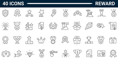 Reward line icon set. Includes gift, trophy, recognition, reward program, medal, bonus. Editable stroke. Vector illustration