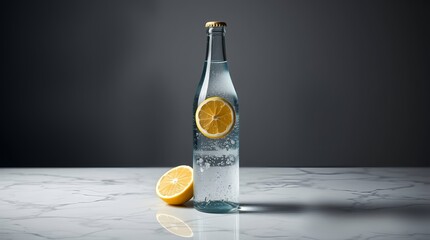 Refreshing sparkling water bottle infused with vibrant lemon slices on a clean marble surface, perfect for health and wellness content.