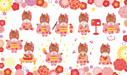 着物を着た可愛い馬の女の子のお正月イラスト素材セット