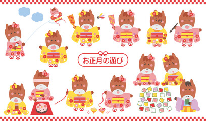 着物を着た可愛い馬の女の子のお正月遊びイラスト素材セット