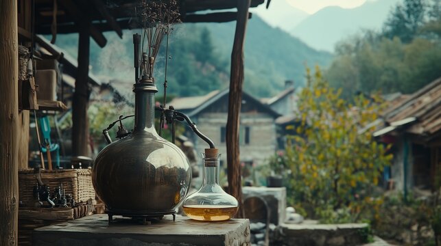 A glass vase with smoke coming out of it. Realistic video of a realistic village with steaming perfume essences. Field artisans distilling a flask of glass. A lifestyle transparent vase emitting.
