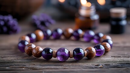 Purple amethyst and wooden beads bracelet on rustic wooden surface with soft bokeh lights and lavender flowers in background, wellness concept.
