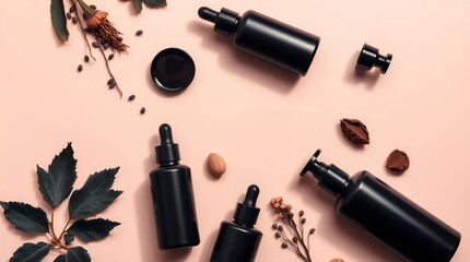 Elegant black dropper bottles and natural elements create a luxurious skincare or cosmetic product flat lay, perfect for beauty brand marketing.
