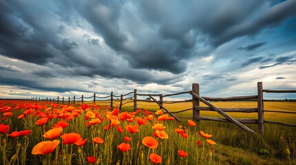 Vibrant poppy field stretches towards horizon beneath dramatic stormy sky with rustic wooden fence framing golden wheat.
