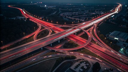 Aerial view of a complex highway interchange with light trails at night time scene