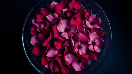 Vibrant magenta and pink flower petals gently float in a clear glass bowl, creating a stunning visual of natural beauty and tranquility.
