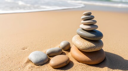 Serene beach stones stacked perfectly on golden sand as gentle waves lap the shore, invoking peace and mindfulness.