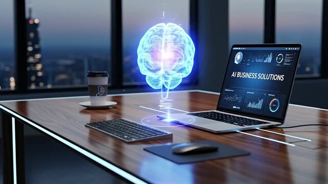 Futuristic office showcasing artificial intelligence for advanced business data analysis