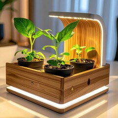Modern Wooden Grow Box with Plants