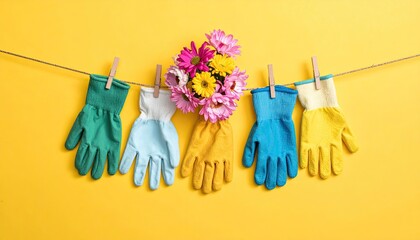 Colorful gardening gloves and flowers on a clothesline