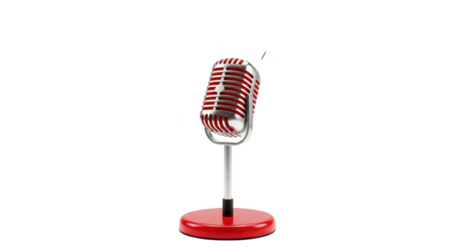 Vintage microphone on a red stand isolated on transparent background