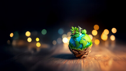 Miniature Earth with Green Energy and Plants, Space for Texr