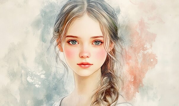 Watercolor Portrait of a Young Girl with Blonde Hair and Green Eyes
