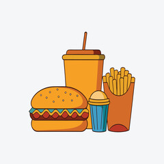 A vibrant illustration of a classic fast food meal featuring a burger french fries a large drink and a small cup presented against a clean white background