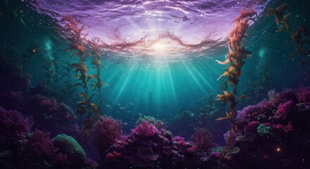 Fototapeta premium Underwater Wonderland: Dive into an otherworldly scene featuring colorful coral reefs, where light beams pierce through the ocean's surface, bringing an underwater ecosystem.