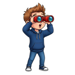 Young boy gazing through red binoculars discovering something new with wide eyes