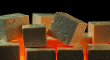 Chunks of white tofu cooking on glowing embers with black background, close-up of soft textured tofu blocks illuminated by orange heat light