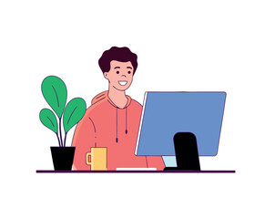 A man in an orange hoodie is happily working on his computer, representing a positive and relaxed home office or student lifestyle