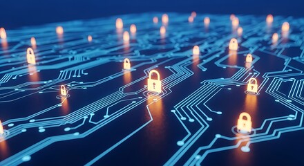Digital circuit board with glowing orange padlocks, symbolizing cybersecurity, data protection, and online security measures