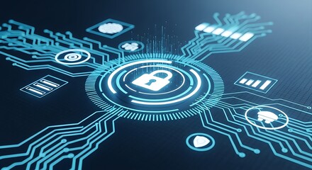 Futuristic glowing blue circuit board with a central padlock icon, representing digital security, data encryption, and network protection