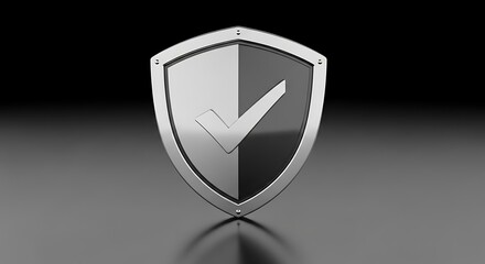 A metallic shield with a silver checkmark symbol, divided into two halves, one light and one dark, set against a reflective black surface