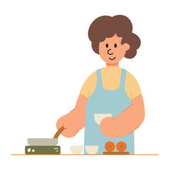 Vector cartoon illustration of woman cooking. Food, kitchen, and lifestyle concept.