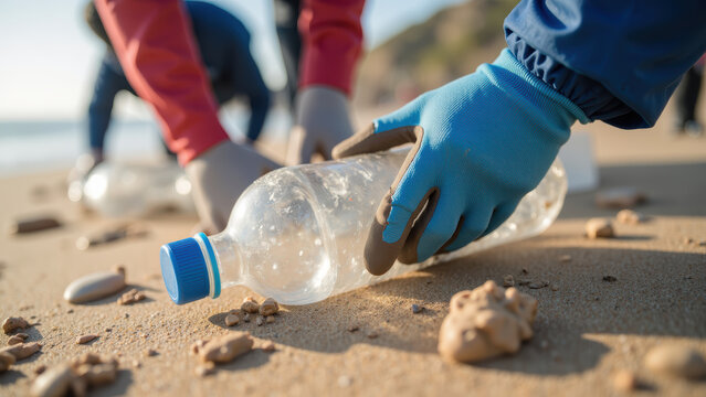 Cleaning beach litter, hands picking up plastic bottle, environmental conservation, teamwork, sandy shore, ocean cleanup