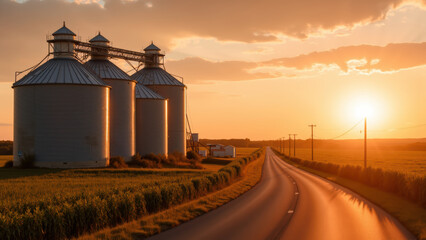 Sunset over silos along rural road, showcasing golden light reflecting off structures and serene landscape
