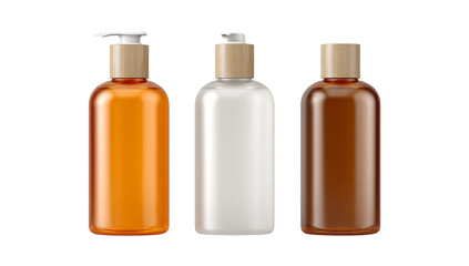 Three cosmetic bottles with pump isolated on transparent background, representing beauty and skincare products