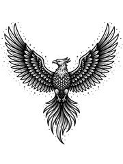 Obraz premium Intricate Black and White Illustration of a Majestic Phoenix with Extended Wings and Detailed Feathers