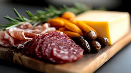 Traditional charcuterie board with sliced salami, prosciutto, aged cheese, black olives and fresh rosemary served on rustic wooden cutting board, macro shot.
