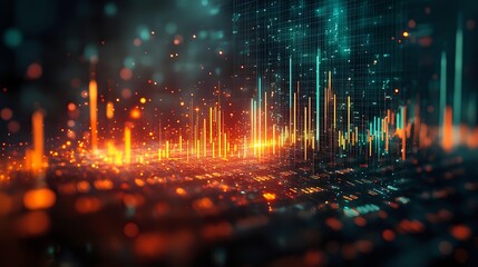 Glowing orange and turquoise digital data visualization with rising columns and particles on dark background, creating futuristic financial market analysis display.