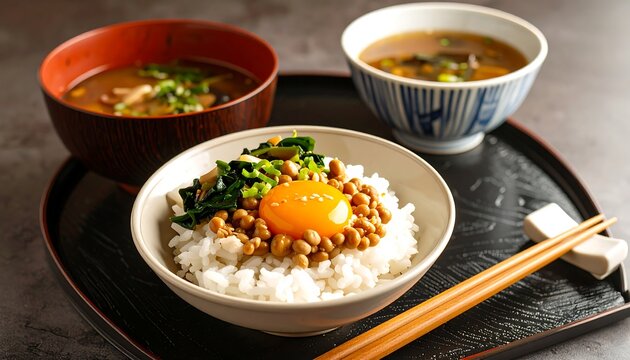 White rice topped with natto, egg, and greens, alongside miso soup