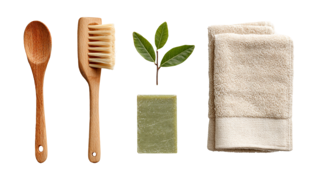 Ecofriendly spa and wellness items isolated on transparent background, promoting sustainable selfcare practices