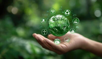 Hand holding a glowing green earth with environmental icons.