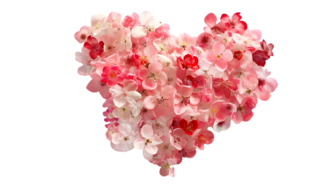 Delicate heart shape formed by cascading pink and red flower petals softly falling